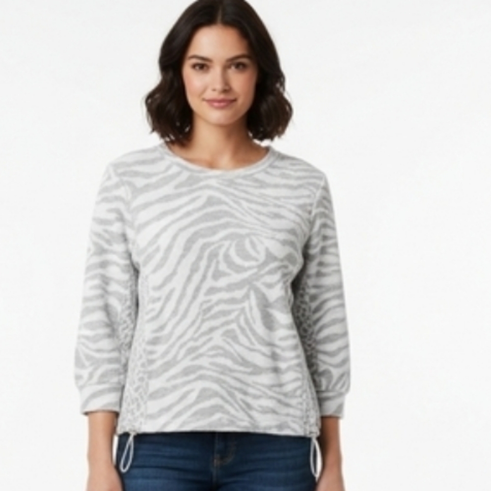 Chico's Size 2 (L) Gray Zebra Print Drawstring Hem Pullover Sweater